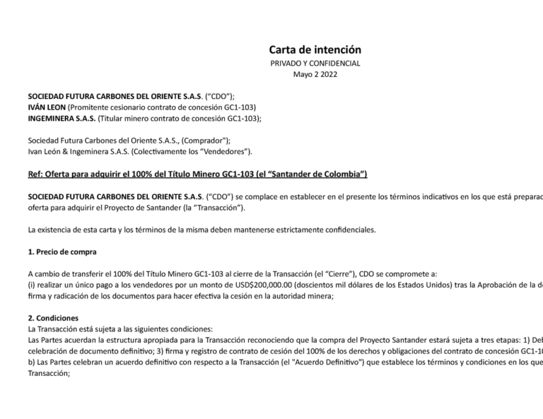 Carta De Intención De Compra De Acciones